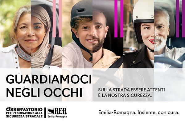 Guardiamoci negli occhi. Sulla strada essere attenti è la nostra sicurezza. Banner della campagna dell'Osservatorio per l'educazione alla sicurezza stradale.
