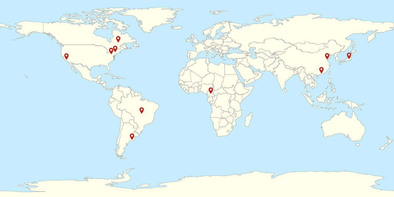 mappa geografica con segnalati i paesi in cui si trovano le Regioni o province con cui la regione ha relazioni internazionali (Extra Eu): Stati Uniti, Cina, Canada, Brasile, Argentina, Camerun, Sud Africa